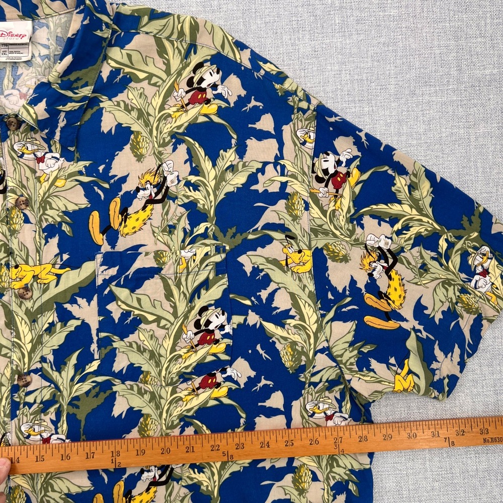 VTG Y2K Disney Store Hawaiian Shirt Mickey Donald Goofy Pluto Men XXL Blue Rayon - Picture 5 of 8
